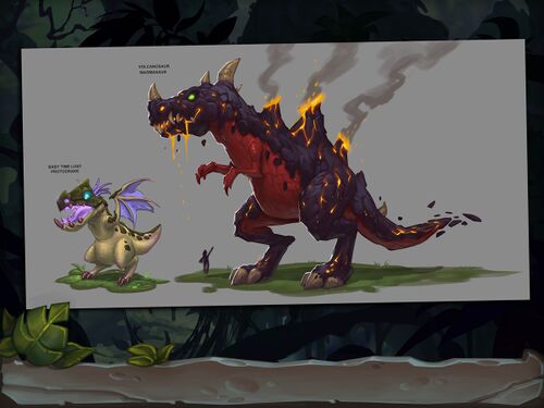 Concept art of a Volcanosaur and a baby Time-Lost Proto Drake.