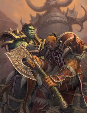 Thrall handing Gorehowl to Garrosh, with the bones of Mannoroth in the background