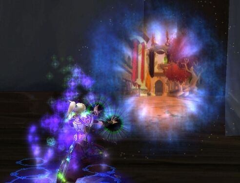 A mage opening a Silvermoon Portal in World of Warcraft