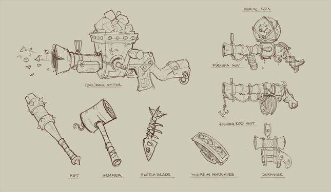 Weaponry of the Grimy Goons. At the top are the Hired Gun's "Rock Spitter" and the Piranha Launcher, while at the bottom right are the Grimestreet Smuggler's "Derpinger" and the Brass Knuckles.